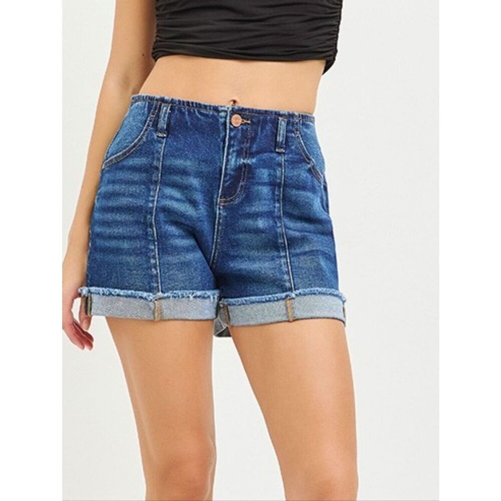 RISEN Los Angeles Front Seam Jean Shorts High-Rise Rolled Hem Medium